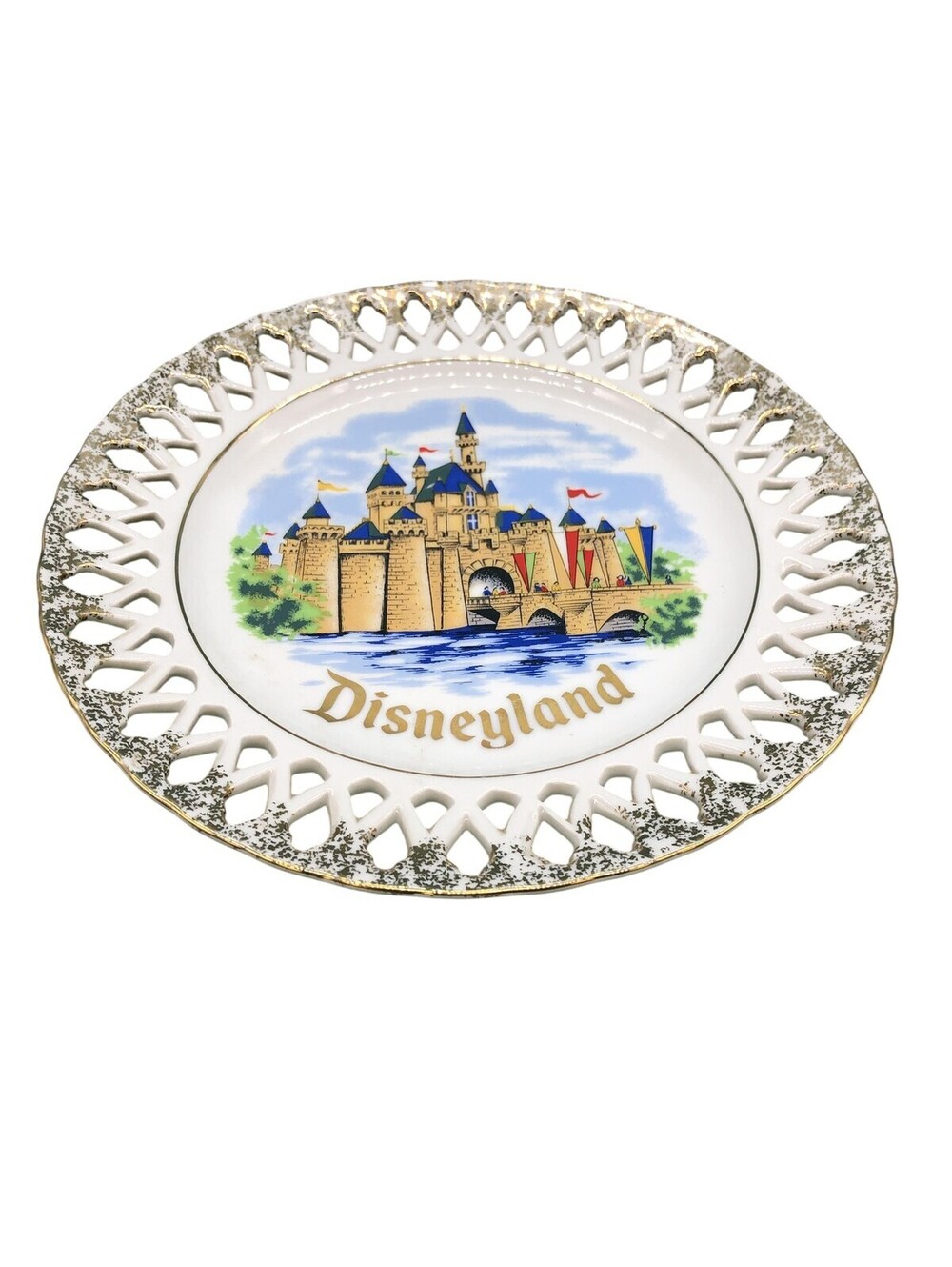Vintage Disney Disneyland Castle Souvenir Plate Japan Lace Edge Gold Trim